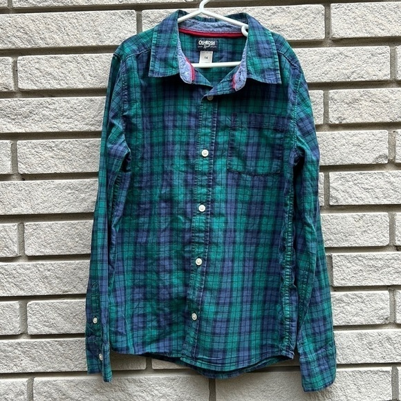 Boys Osh Kosh Plaid Button Down Blue/Green 14 - Picture 1 of 7